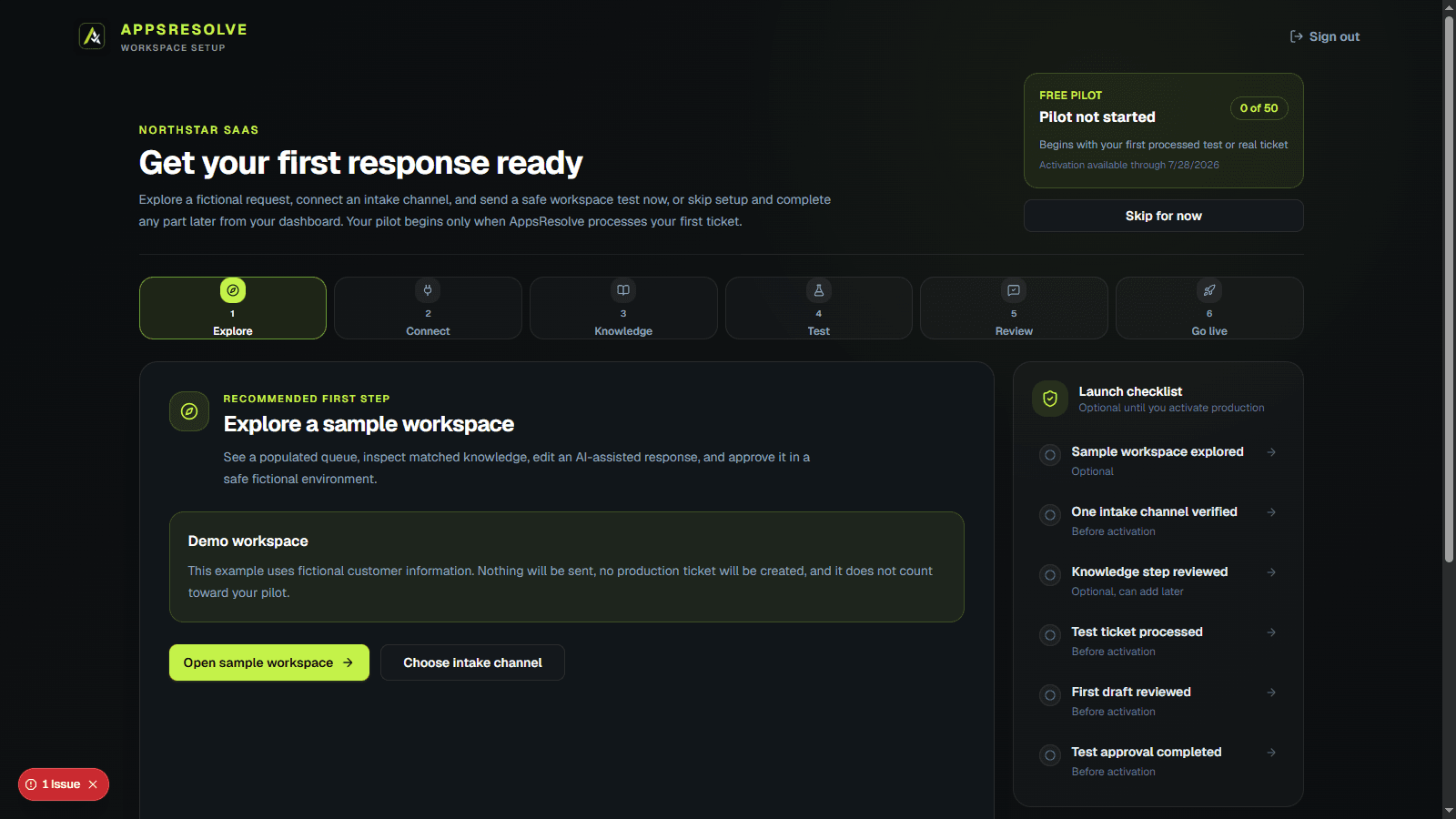 AppsResolve guided workspace setup with website learning, knowledge, widget, and go-live steps