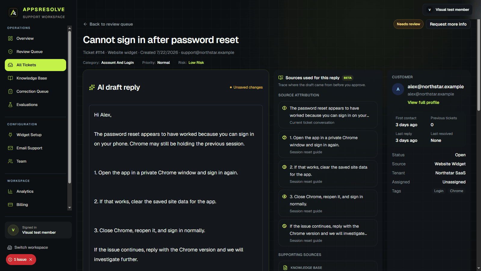 AppsResolve sources used for this reply panel next to an AI draft