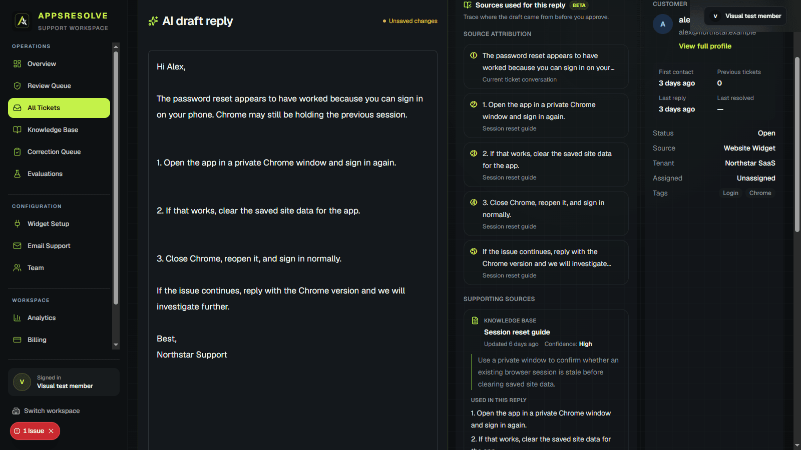 AppsResolve ticket review showing the reply composer and sources used for this reply